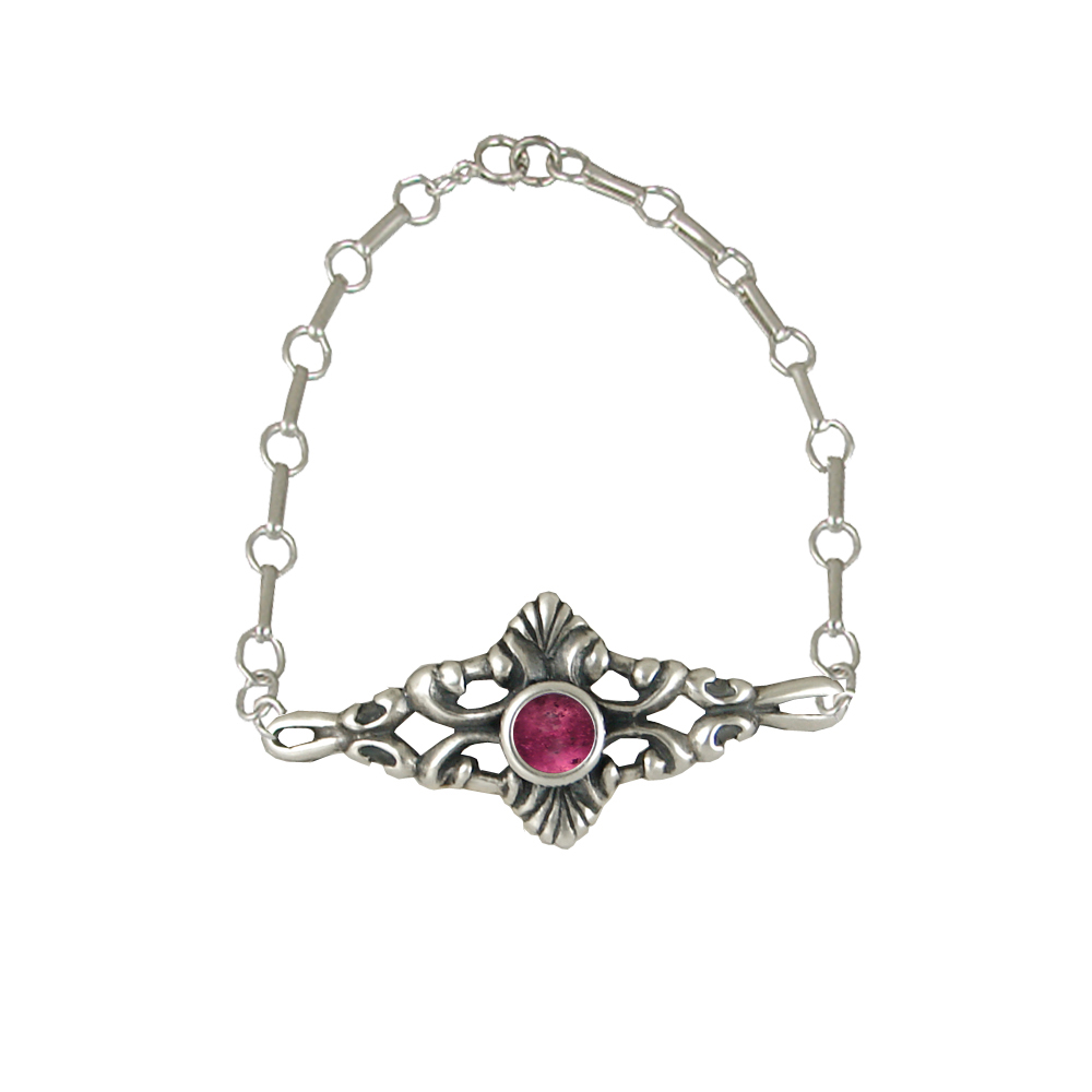 Sterling Silver Adjustable Filigree Chain Bracelet With Pink Tourmaline